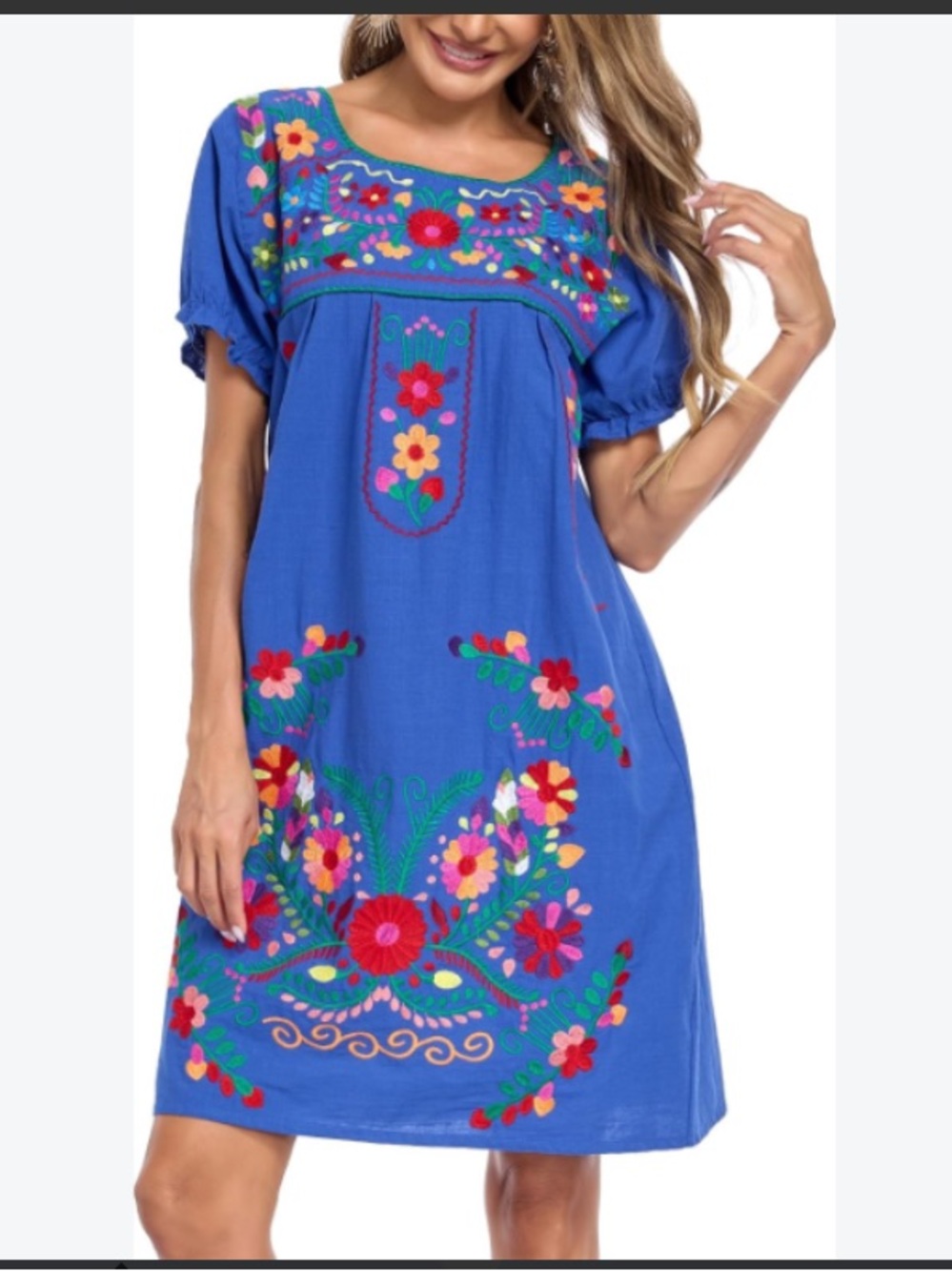 Yzxdorwj Bright Blue Floral Embroidered Mini Dress